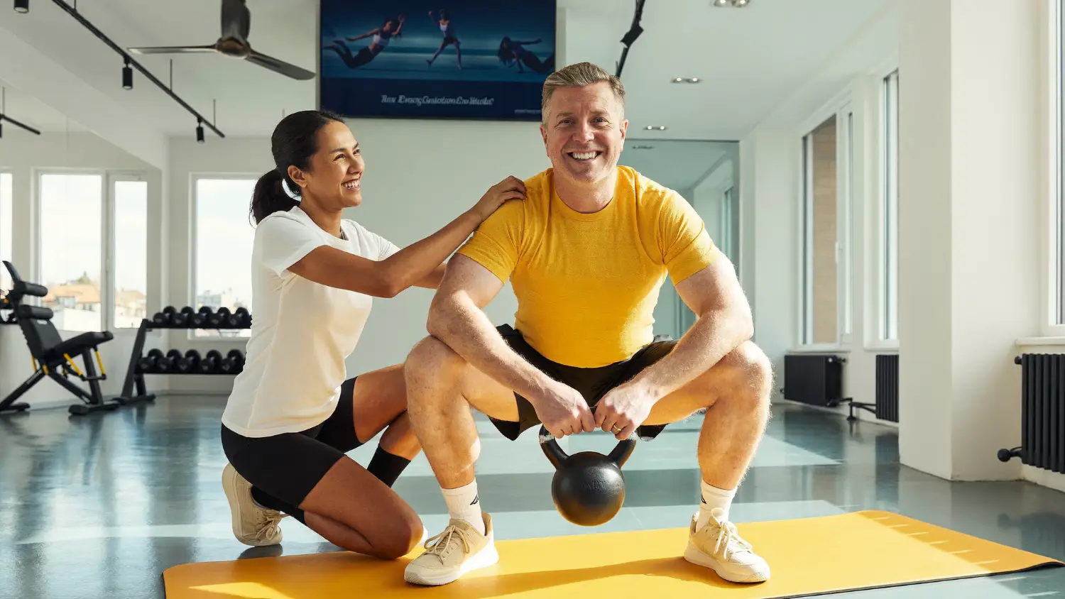 Coach spotting an older man at the bottom of a kettlebell squat